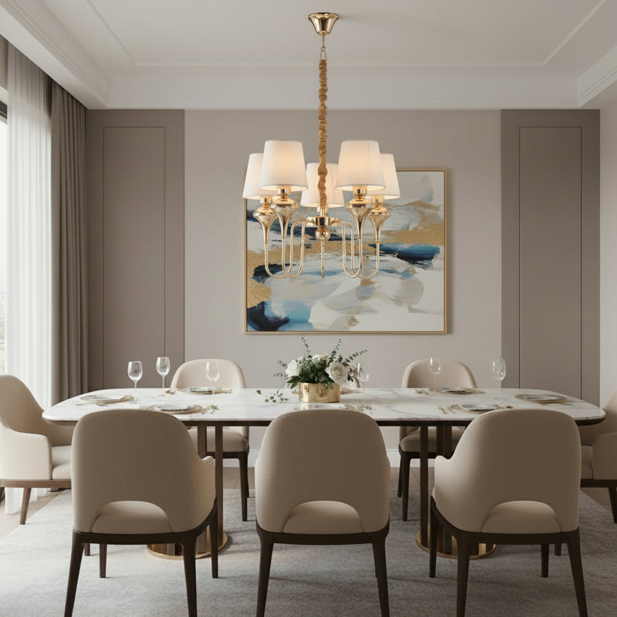 Luxury Champagne Gold 5-Light Chandelier with Fabric Shades | Modern Classic Ceiling Hanging Light for Dining & Living Room