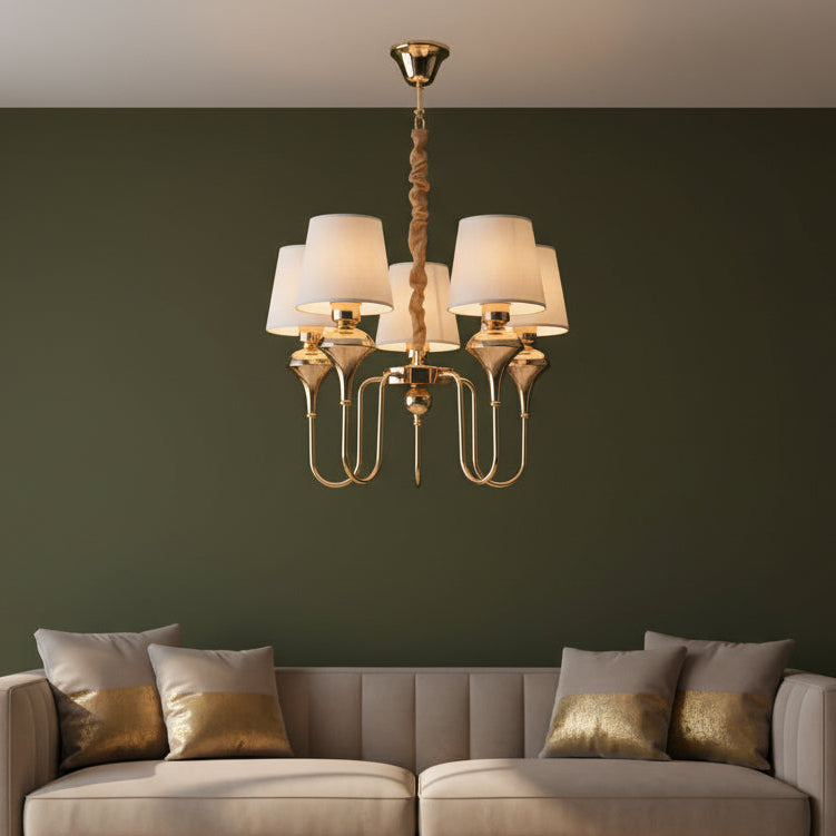 Luxury Champagne Gold 5-Light Chandelier with Fabric Shades | Modern Classic Ceiling Hanging Light for Dining & Living Room