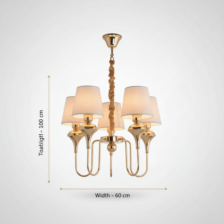 Luxury Champagne Gold 5-Light Chandelier with Fabric Shades | Modern Classic Ceiling Hanging Light for Dining & Living Room