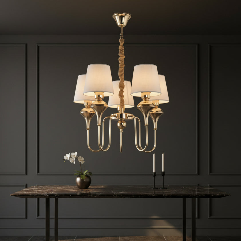 Luxury Champagne Gold 5-Light Chandelier with Fabric Shades | Modern Classic Ceiling Hanging Light for Dining & Living Room