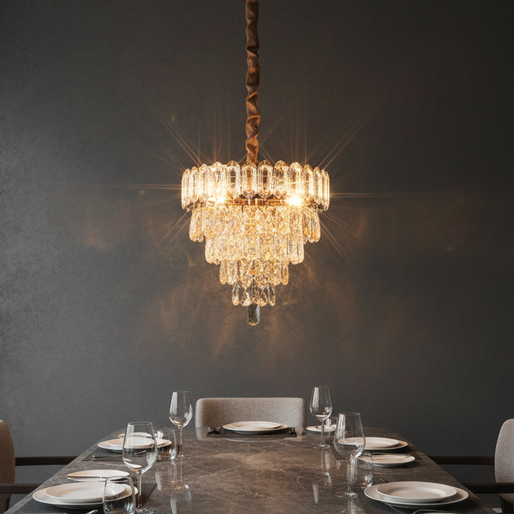 Luxury Gold Crystal Tier Chandelier | Modern Decorative Hanging Ceiling Light for Living & Dining Room