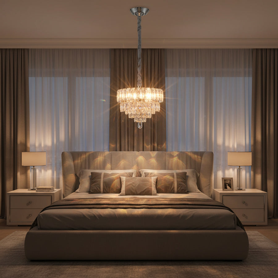 Luxury Silver Clear Crystal Tier Chandelier | Modern Chrome Hanging Ceiling Light for Living & Dining Room