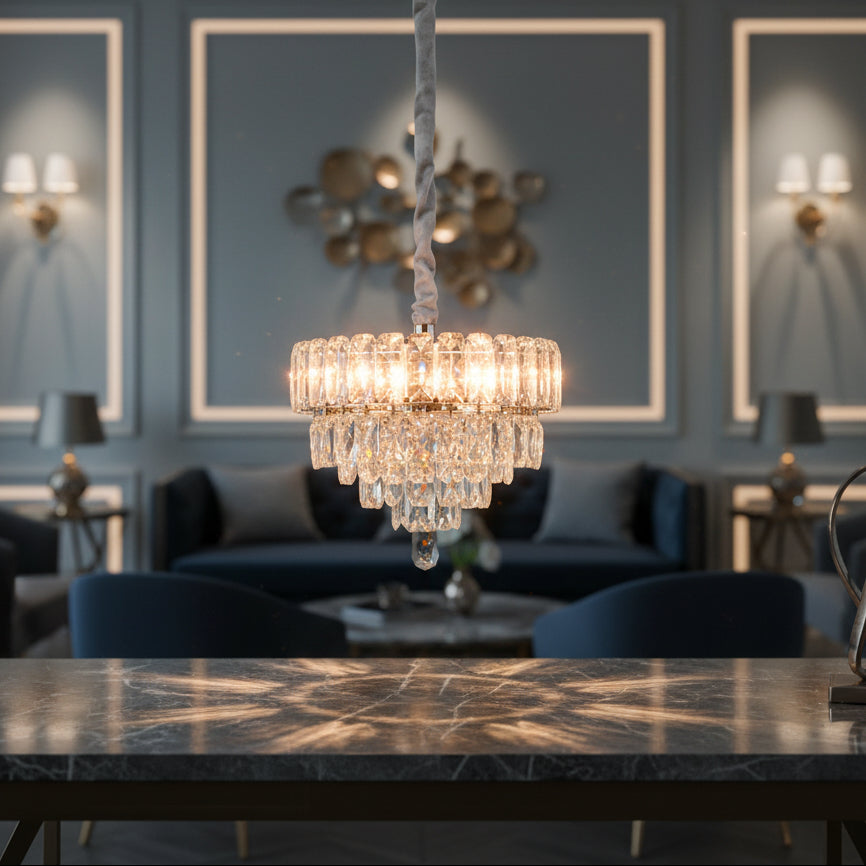 Luxury Silver Clear Crystal Tier Chandelier | Modern Chrome Hanging Ceiling Light for Living & Dining Room