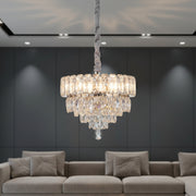 Luxury Silver Clear Crystal Tier Chandelier | Modern Chrome Hanging Ceiling Light for Living & Dining Room