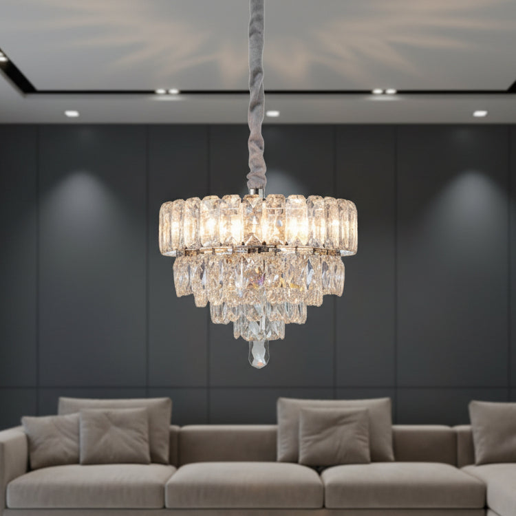 Luxury Silver Clear Crystal Tier Chandelier | Modern Chrome Hanging Ceiling Light for Living & Dining Room