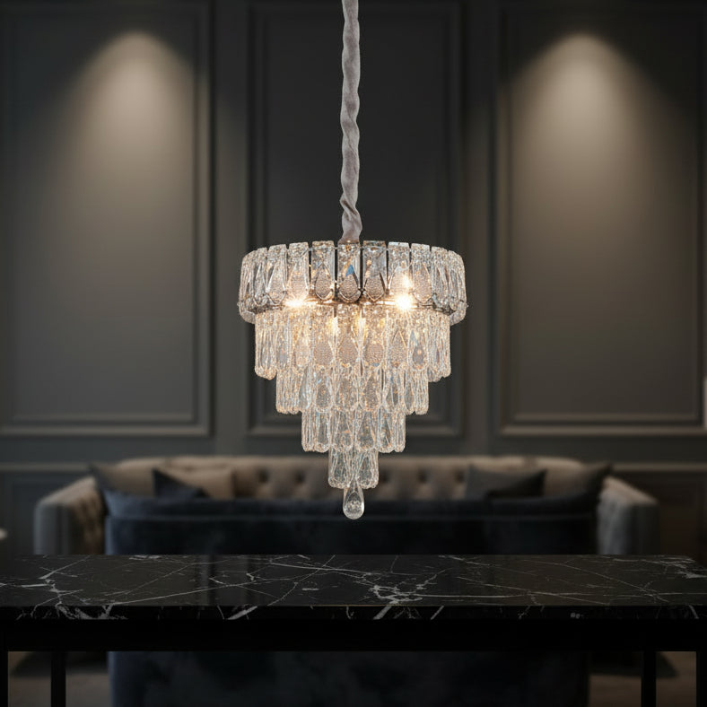 Luxury Silver Crystal 3-Color Chandelier | Modern Chrome Tier Hanging Ceiling Light for Living & Dining Room