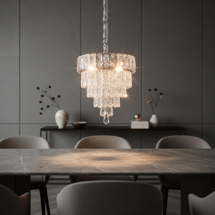 Luxury Silver Crystal 3-Color Chandelier | Modern Chrome Tier Hanging Ceiling Light for Living & Dining Room