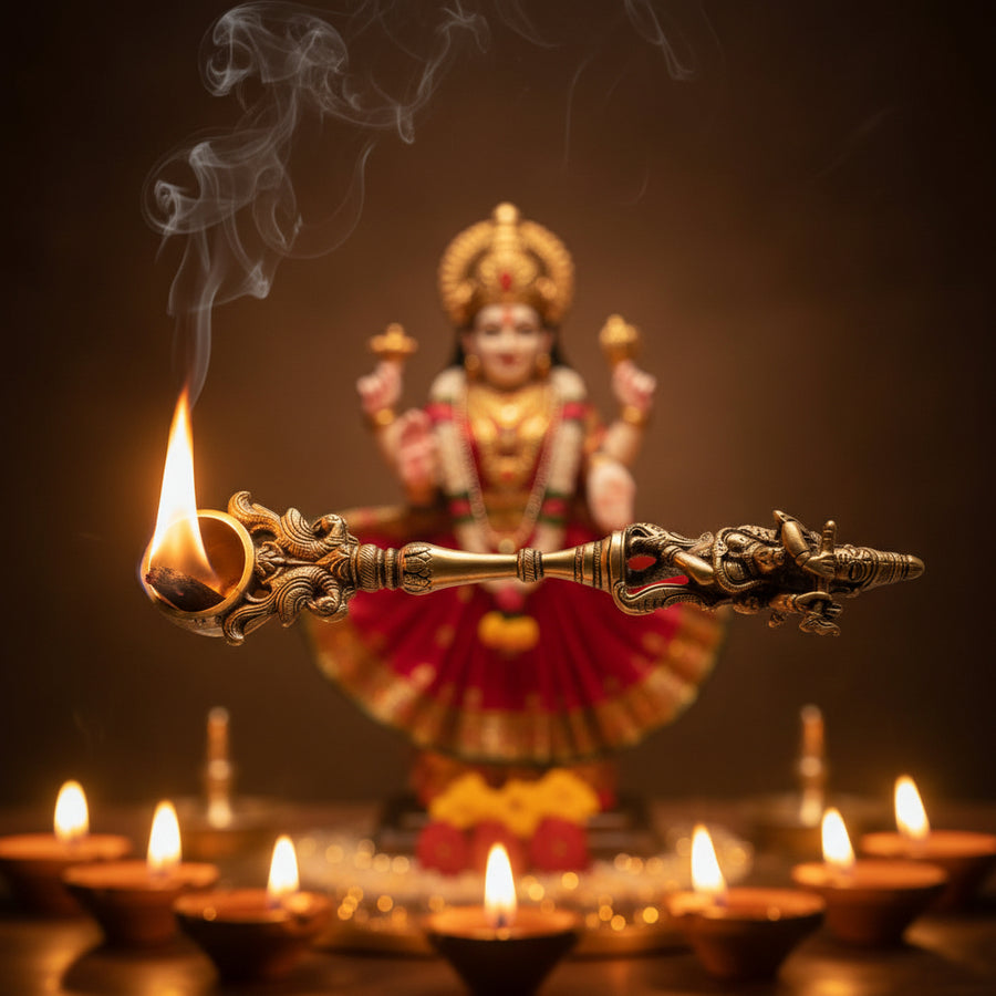 Handcrafted Antique Brass Kapoor Aarti Holder with Deity Handle | Traditional Pooja Camphor Spoon | Spiritual Ritual Décor