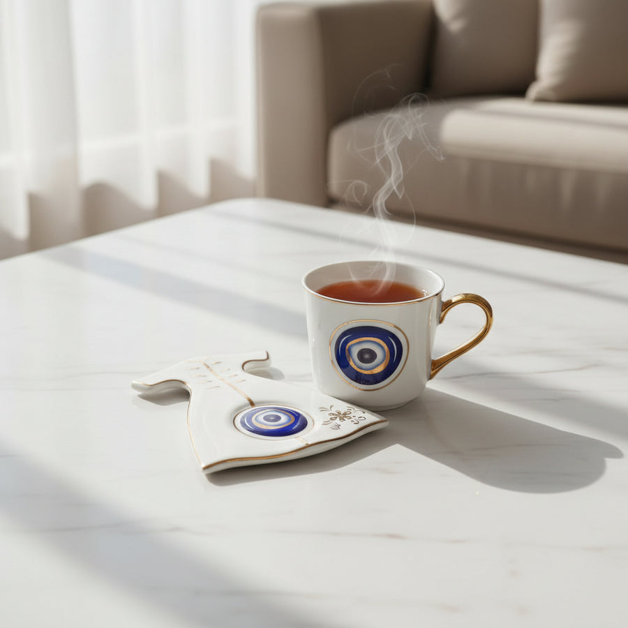 Evil Eye Ceramic Tea Cup with Dress Shape Serving Plate Set | Glossy Premium Coffee Mug Gift Set | Decorative Cup & Saucer | Set of 1