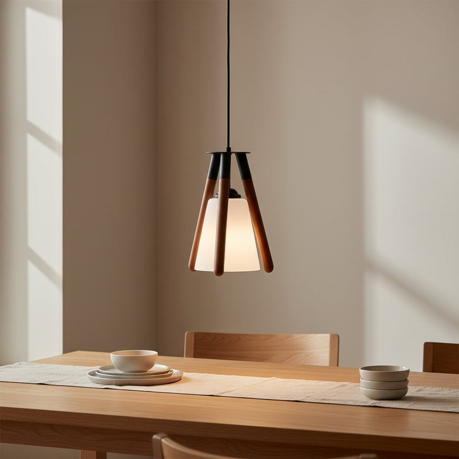 Modern Wooden Tripod Hanging Pendant Light with White Glass Shade