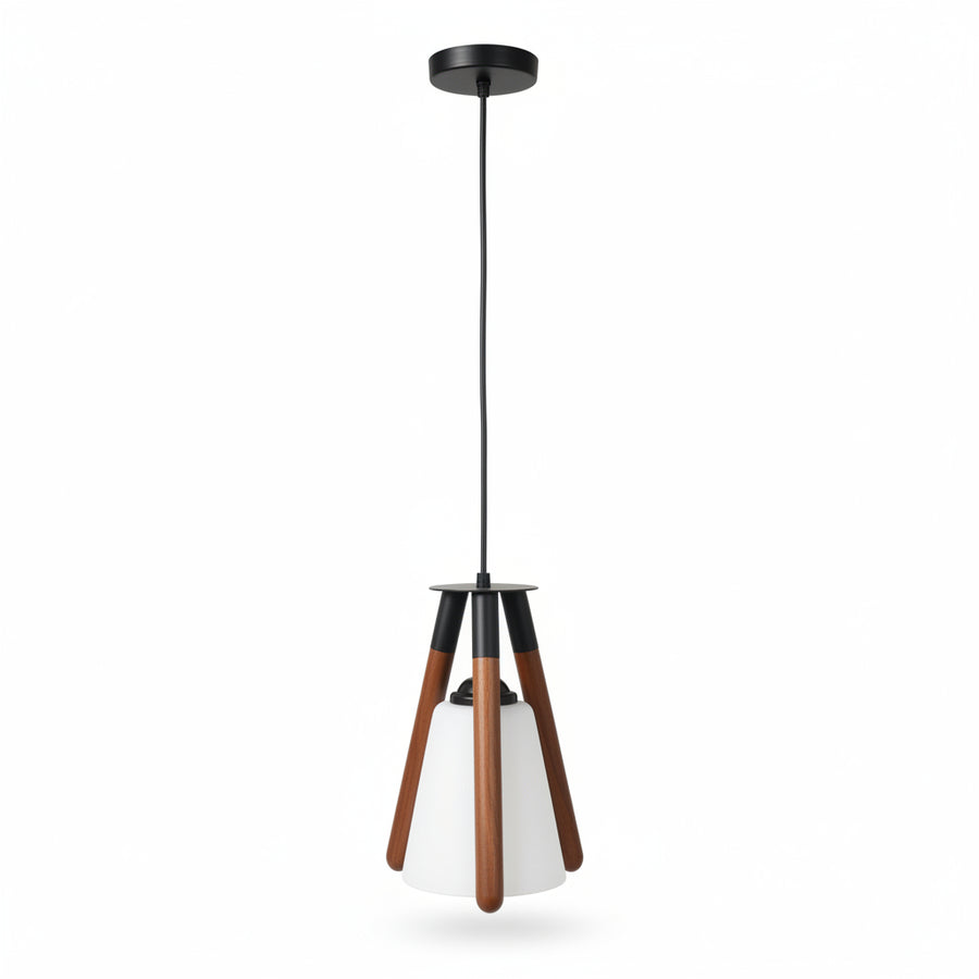 Modern Wooden Tripod Hanging Pendant Light with White Glass Shade