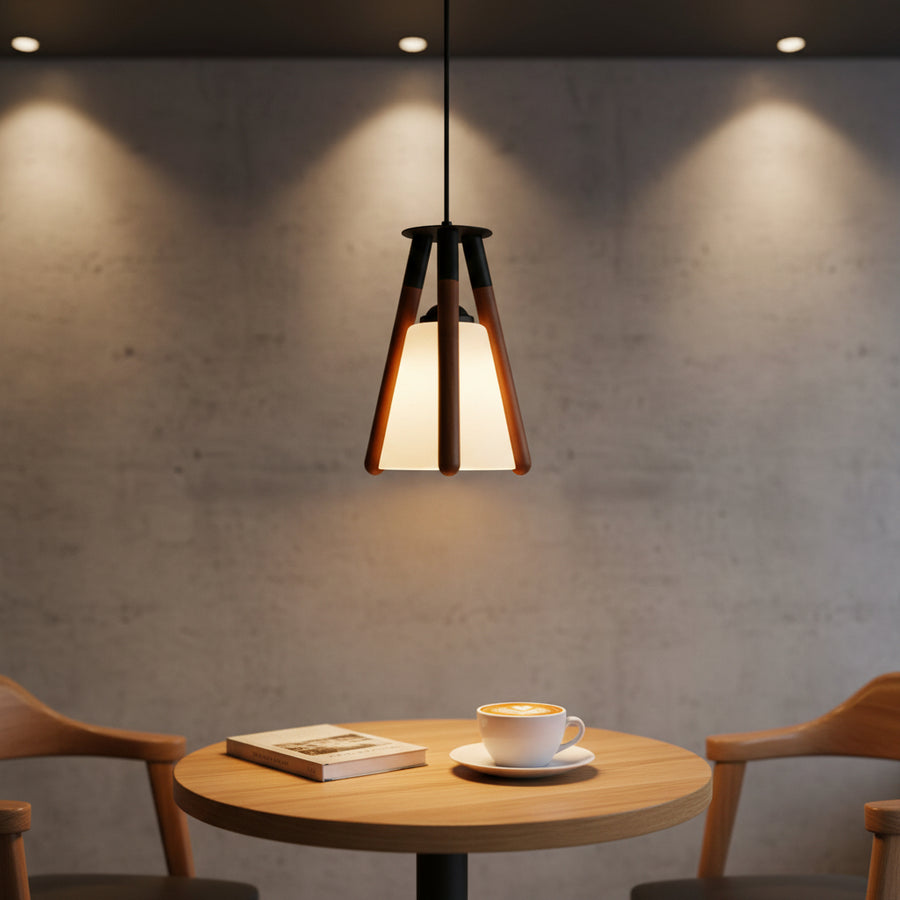 Modern Wooden Tripod Hanging Pendant Light with White Glass Shade