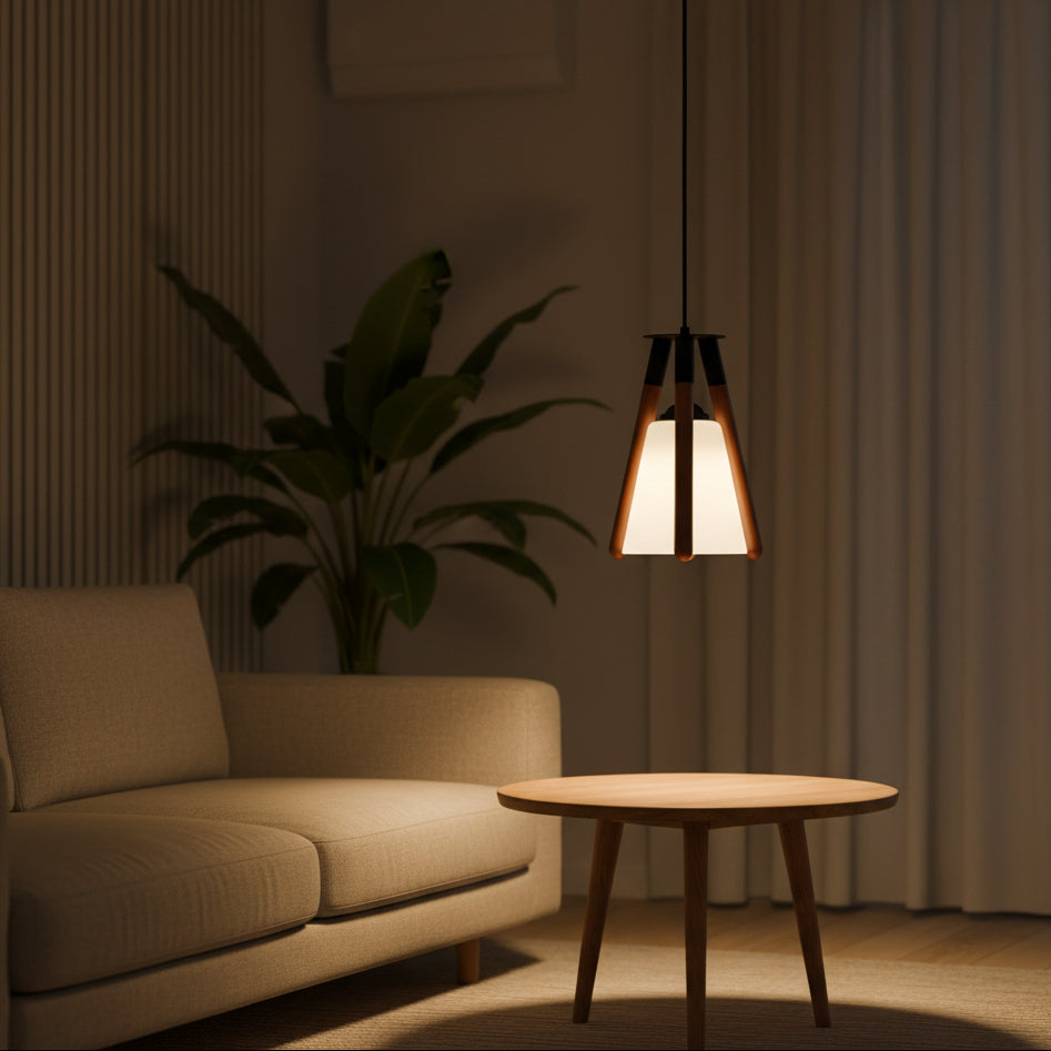 Modern Wooden Tripod Hanging Pendant Light with White Glass Shade