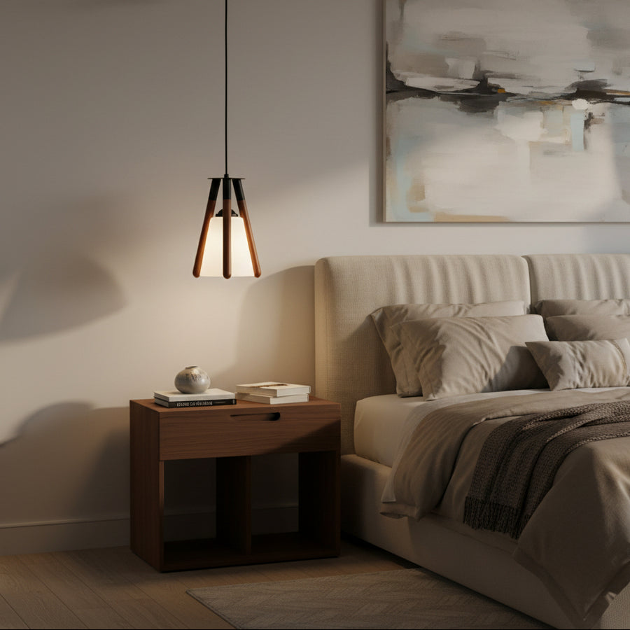 Modern Wooden Tripod Hanging Pendant Light with White Glass Shade