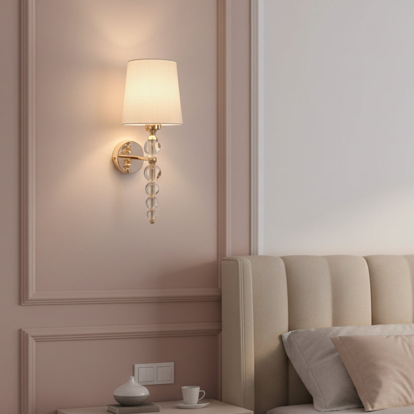 Luxury Champagne Gold Crystal Wall Light with Fabric Shade (E27 Holder)