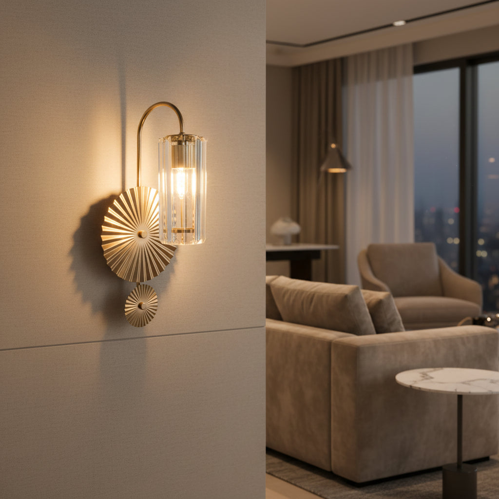 Luxury Crystal Wall Light with Sunburst Metal Design – Champagne Gold Finish (E14 Bulb Holder)