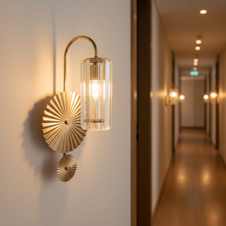 Luxury Crystal Wall Light with Sunburst Metal Design – Champagne Gold Finish (E14 Bulb Holder)