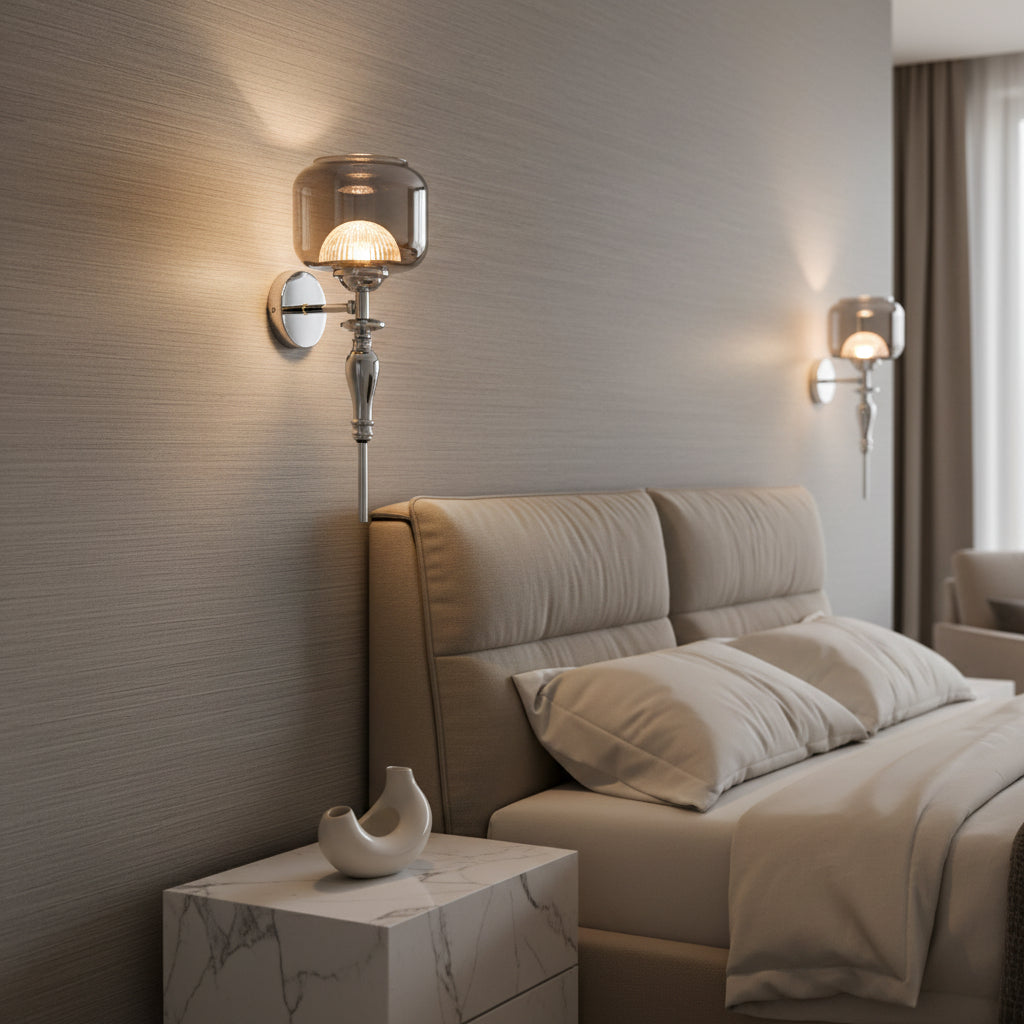 Luxury Smoked Glass LED Wall Light | Modern Metal Wall Sconce with Textured Crystal Glow | Warm White Bedside & Living Room Decorative Lamp (40cm)