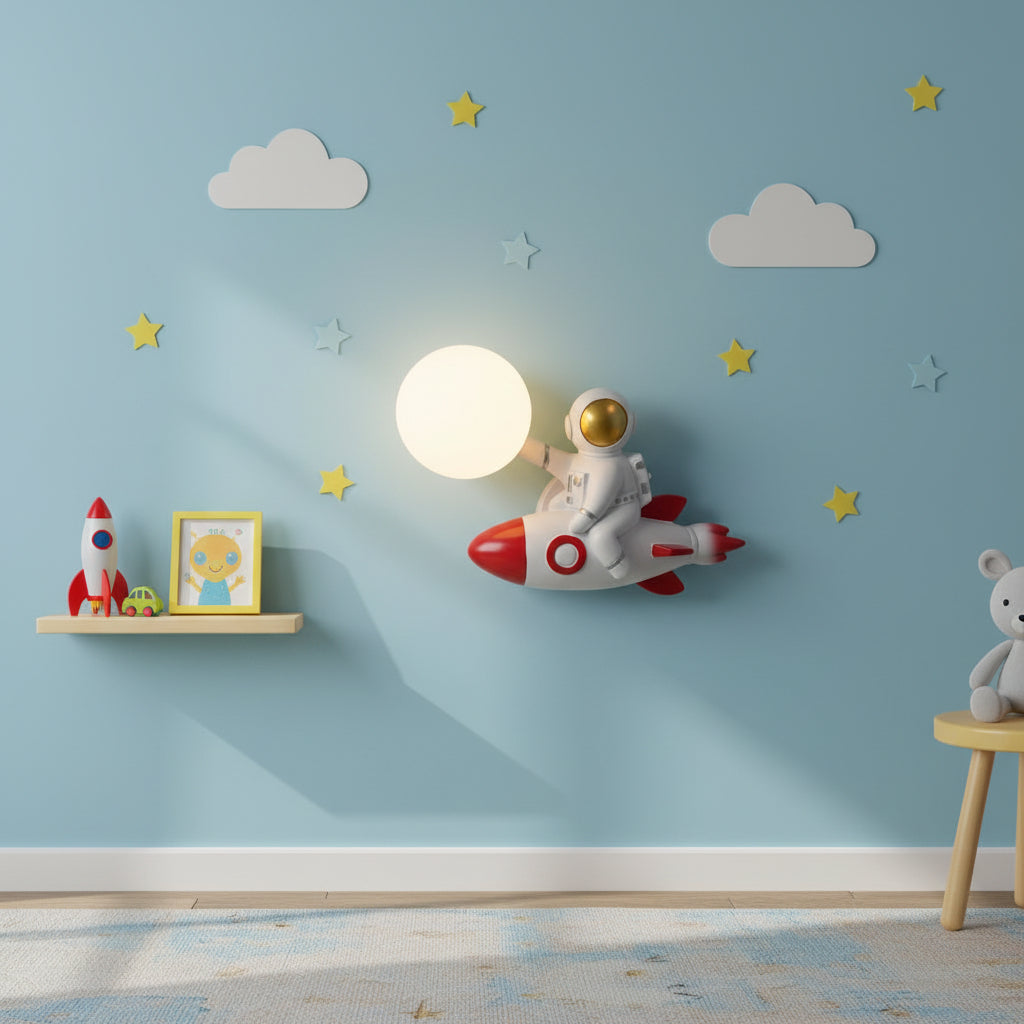 Astronaut Rocket Wall Light with Moon Globe | Kids Room Lamp (G9)