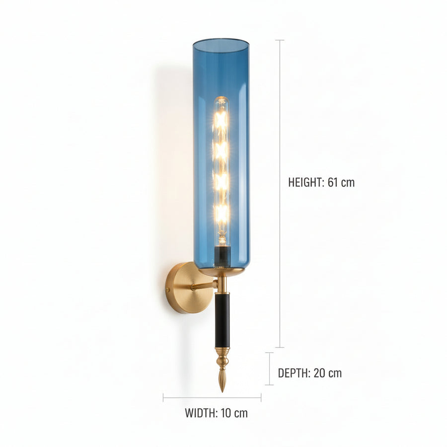 Luxury Blue Glass Wall Light with LED Filament | Modern Brass Finish Wall Lamp
