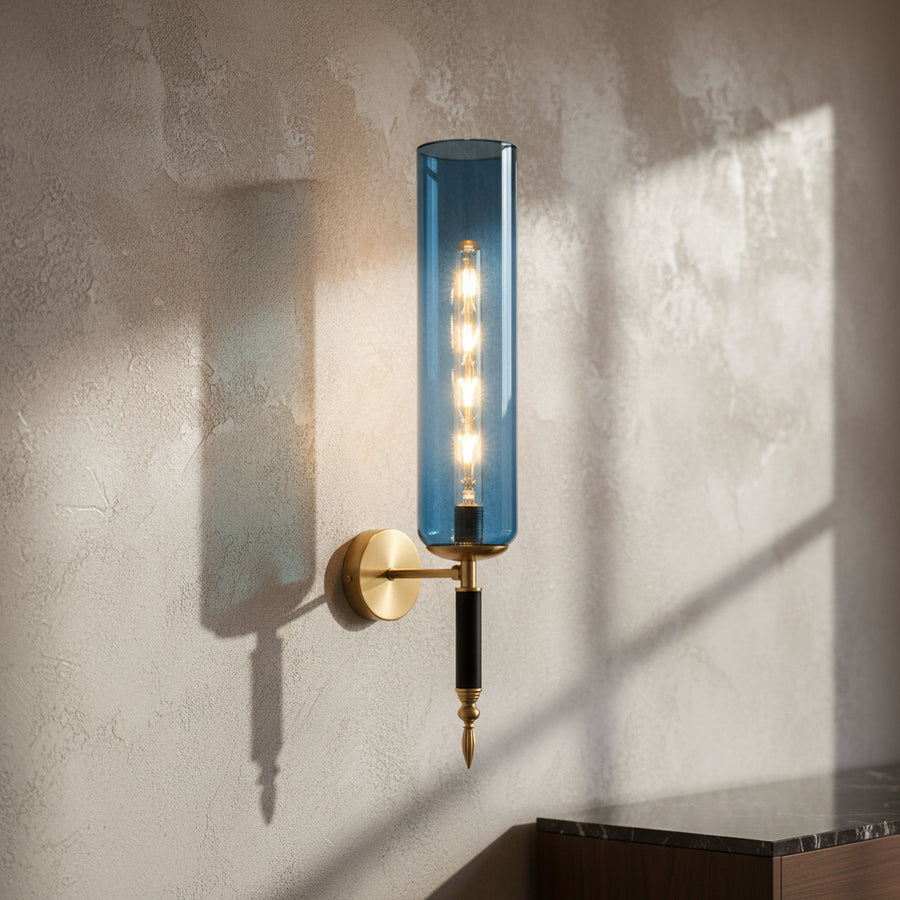 Luxury Blue Glass Wall Light with LED Filament | Modern Brass Finish Wall Lamp