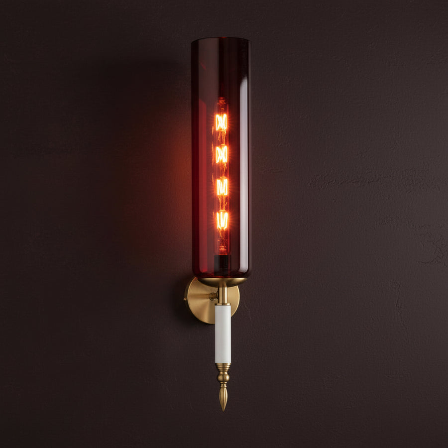 Luxury Red Glass Wall Light with LED Filament | Modern Brass Finish Wall Sconce