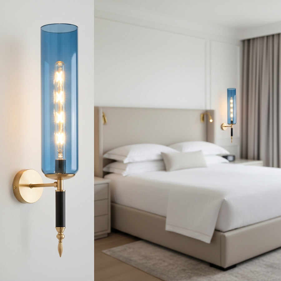 Luxury Blue Glass Wall Light with LED Filament | Modern Brass Finish Wall Lamp