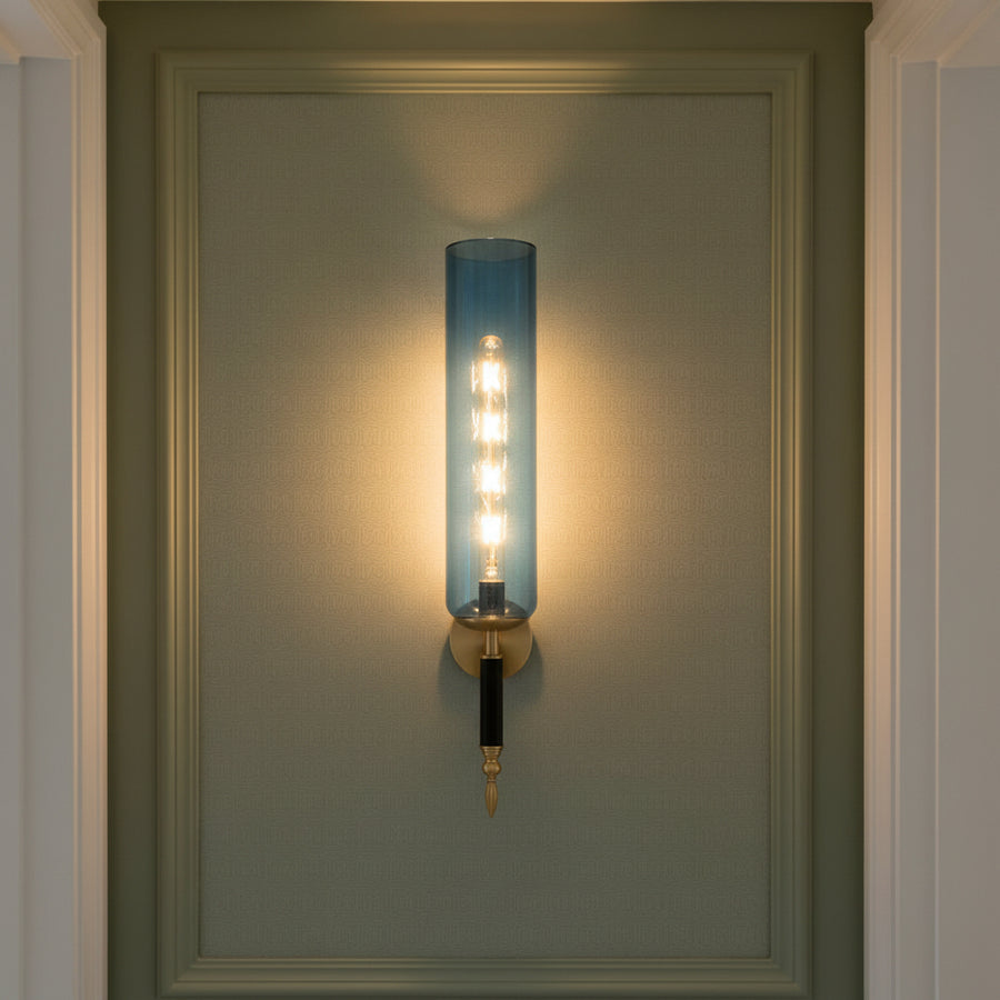 Luxury Blue Glass Wall Light with LED Filament | Modern Brass Finish Wall Lamp