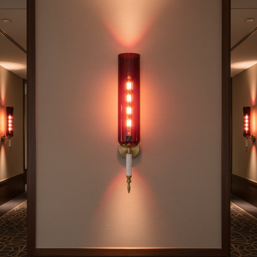 Luxury Red Glass Wall Light with LED Filament | Modern Brass Finish Wall Sconce