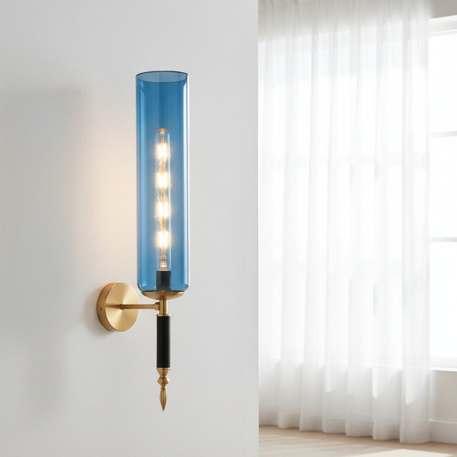 Luxury Blue Glass Wall Light with LED Filament | Modern Brass Finish Wall Lamp