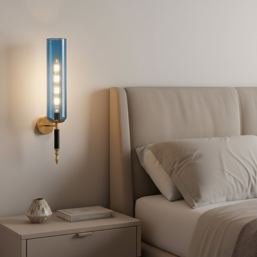 Luxury Blue Glass Wall Light with LED Filament | Modern Brass Finish Wall Lamp