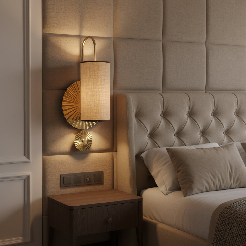 Luxury Fabric Shade Wall Light | E27 Holder | Gold Disc Designer Wall Lamp