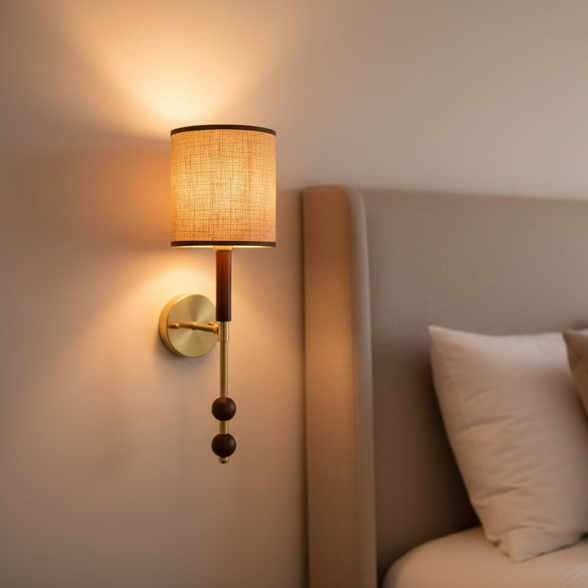 Modern Fabric Shade Wall Light | E27 Holder | Wood & Gold Designer Wall Lamp