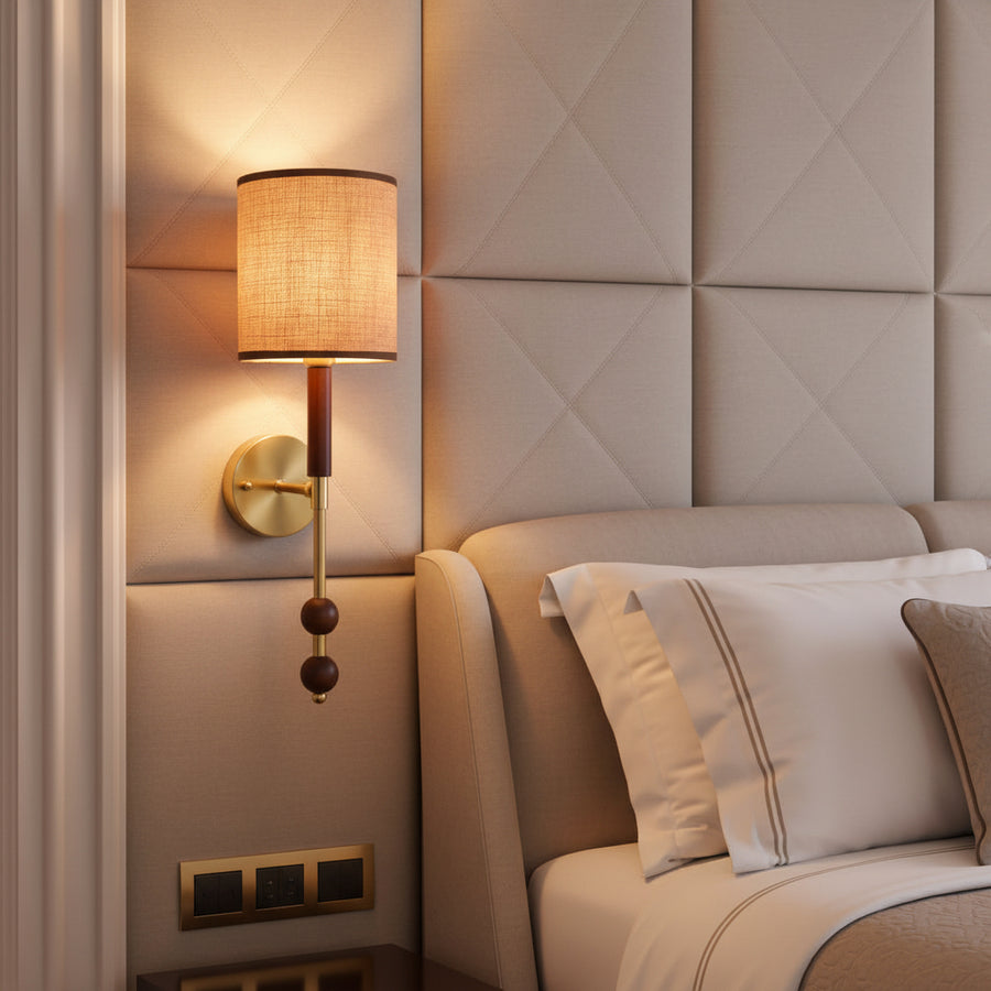 Modern Fabric Shade Wall Light | E27 Holder | Wood & Gold Designer Wall Lamp