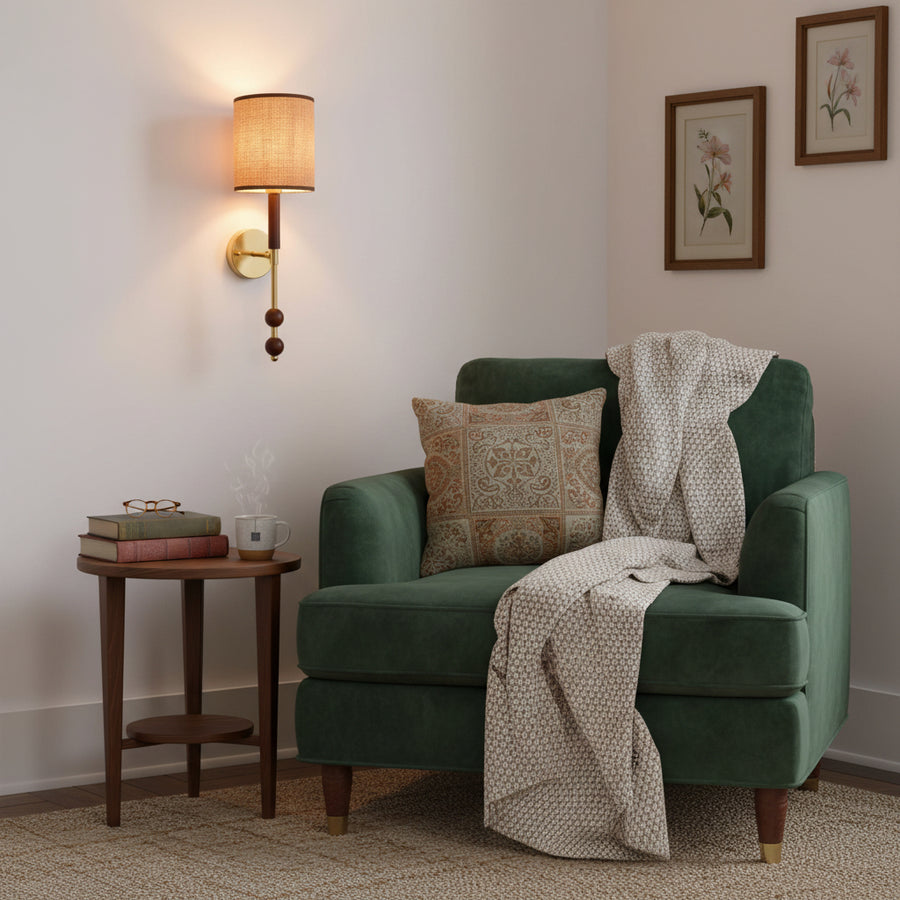 Modern Fabric Shade Wall Light | E27 Holder | Wood & Gold Designer Wall Lamp