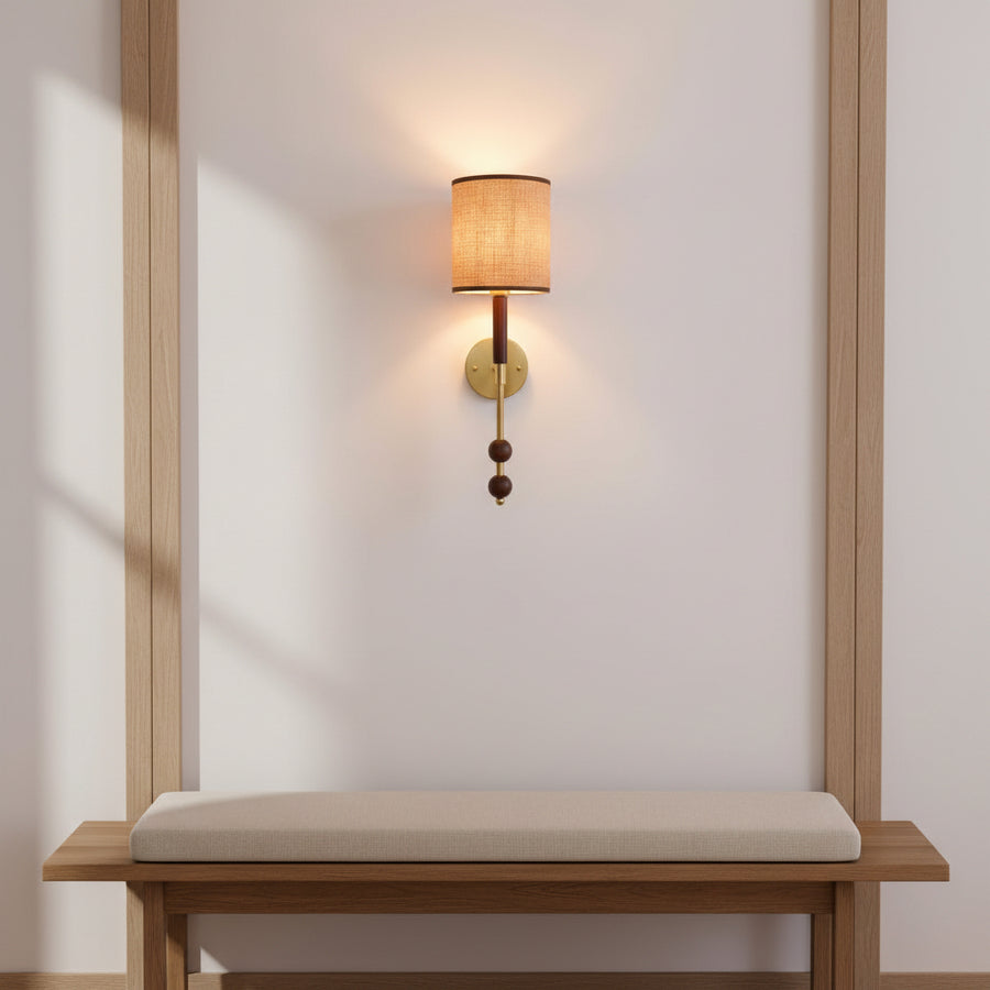 Modern Fabric Shade Wall Light | E27 Holder | Wood & Gold Designer Wall Lamp