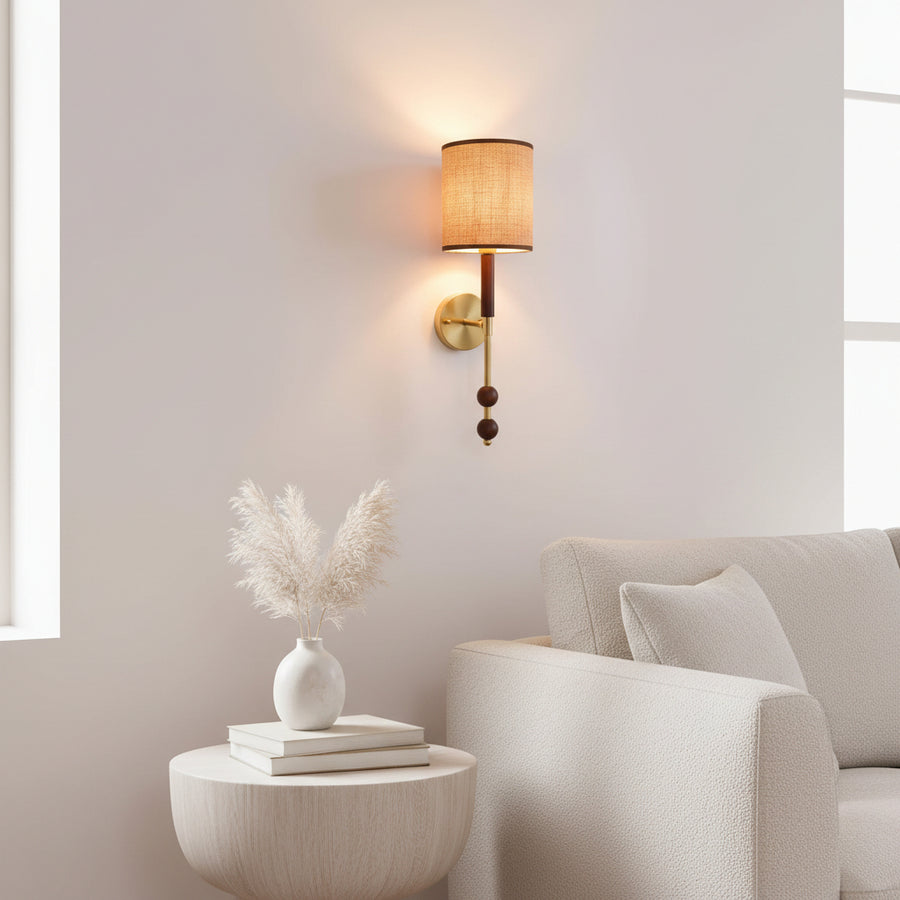 Modern Fabric Shade Wall Light | E27 Holder | Wood & Gold Designer Wall Lamp