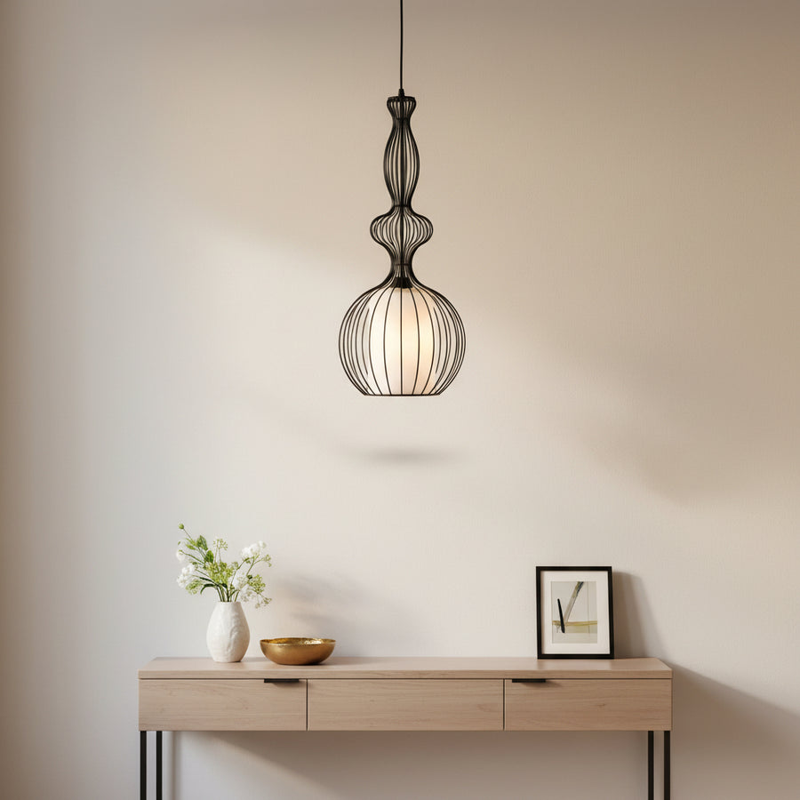 Designer Cage Pendant Light | Metal Frame Hanging Lamp | Adjustable Height Ceiling Light