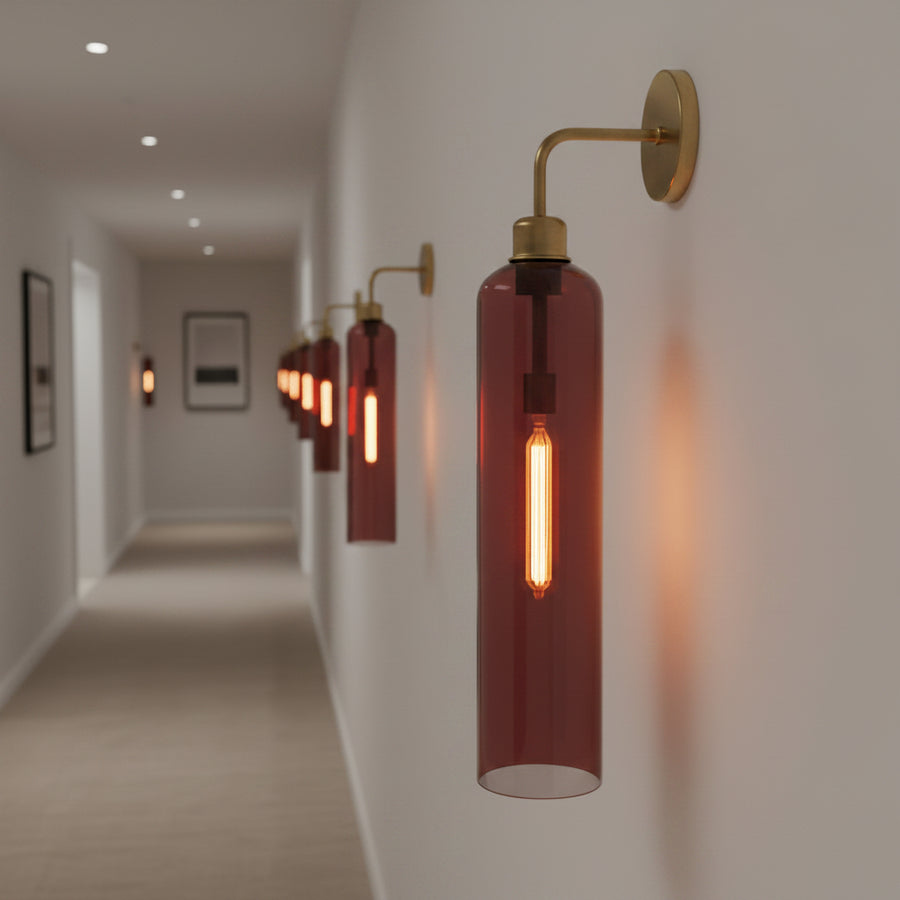 Modern Brass Wall Light with T30 Tube Bulb | Cylindrical Glass Designer Sconce | H56 × W10 × D21 cm | Warm Ambient Lighting