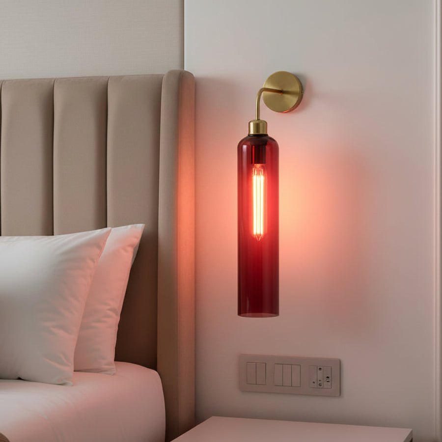 Modern Brass Wall Light with T30 Tube Bulb | Cylindrical Glass Designer Sconce | H56 × W10 × D21 cm | Warm Ambient Lighting