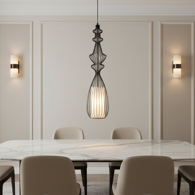 Metal modern black cage Pendant Light with Frosted Diffuser | Sculptural Hanging Lamp