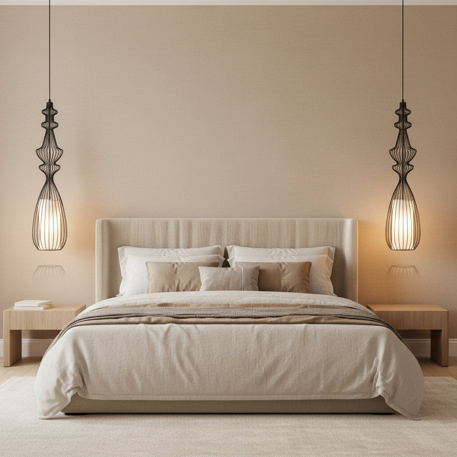 Metal modern black cage Pendant Light with Frosted Diffuser | Sculptural Hanging Lamp
