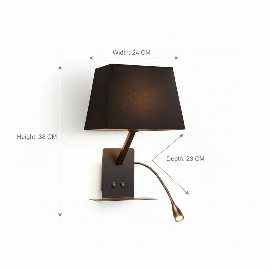 Modern Bedside Wall Light with E27 Holder, Adjustable LED Reading Light, USB Charging Port & Mobile Shelf | Black Metal Finish