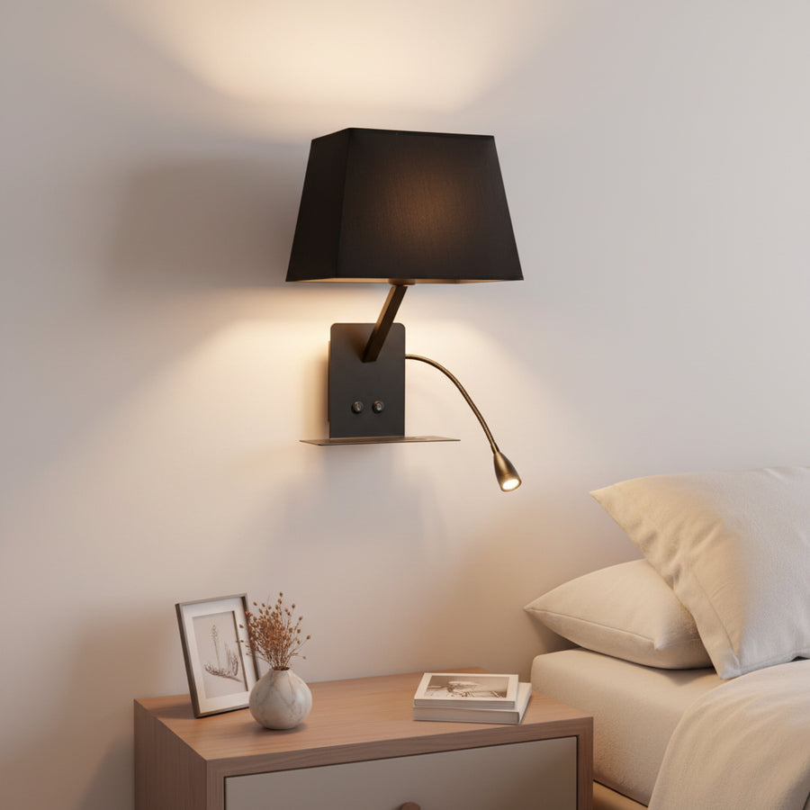 Modern Bedside Wall Light with E27 Holder, Adjustable LED Reading Light, USB Charging Port & Mobile Shelf | Black Metal Finish