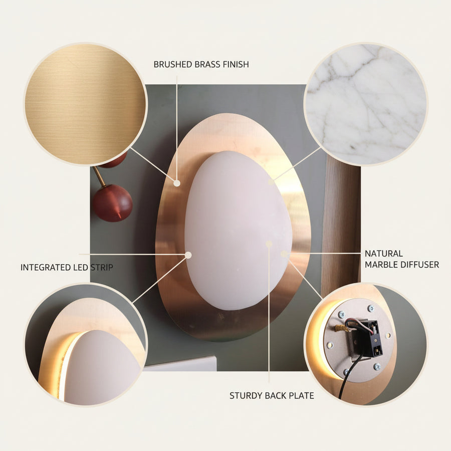 Modern Oval Marble Wall Light with Built-in LED | Brushed Gold Finish Decorative Wall Lamp