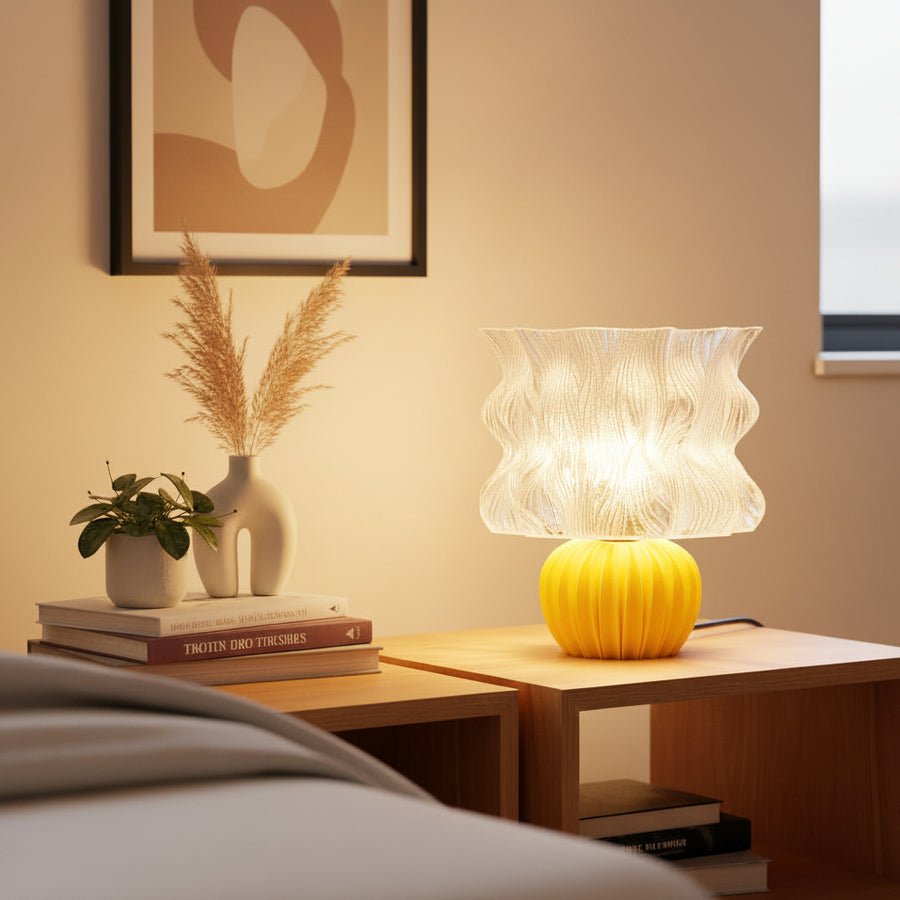 Coral Tree Modern Designer Table Lamp with Artistic Wavy Shade, E27 Bulb Holder, Decorative Yellow Ribbed Base & Inline ON/OFF Switch