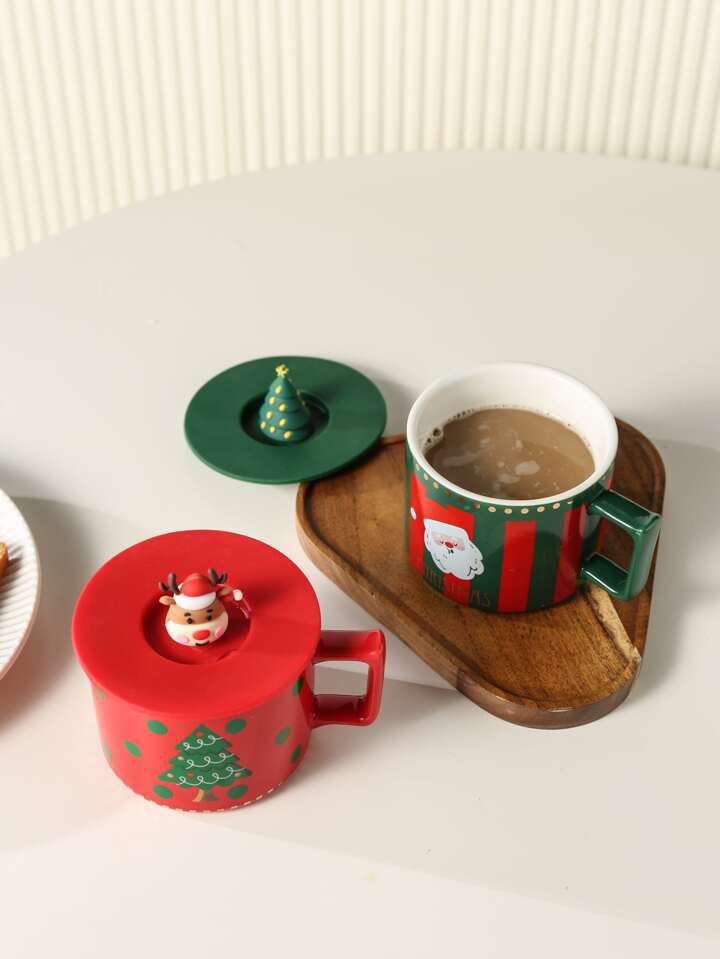 Christmas Ceramic Mug Set with 3D Lid – 300ml Festive Mug with Silicone Lid