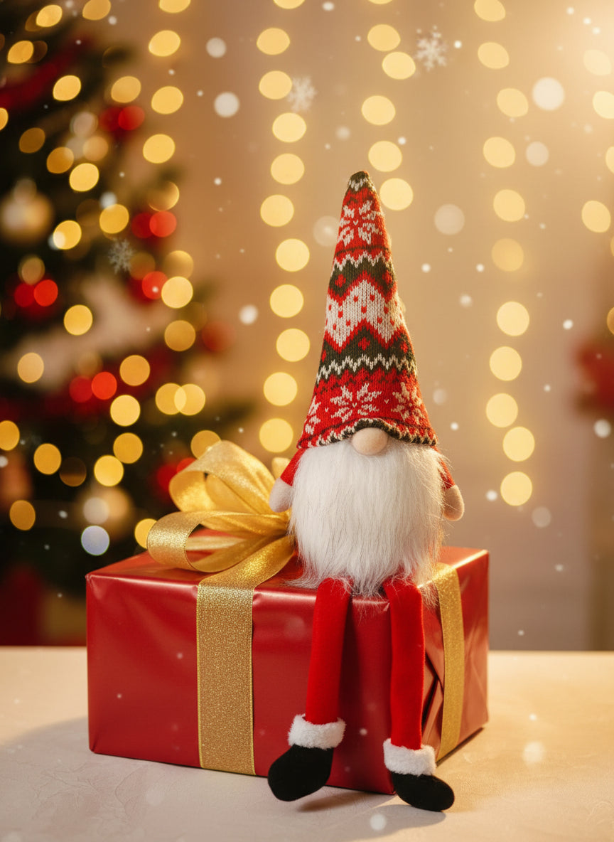 CORAL TREE Christmas Gnome with Warm LED Beard | 44 cm Nordic Plush Santa Décor (Battery Operated)