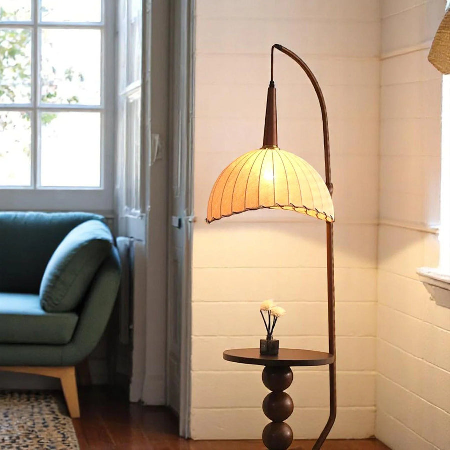Coral Tree Modern Floor Lamp with Built-in Side Table | Wooden Finish | Fabric Pleated Shade | Ambient Living Room & Bedroom Standing Lamp