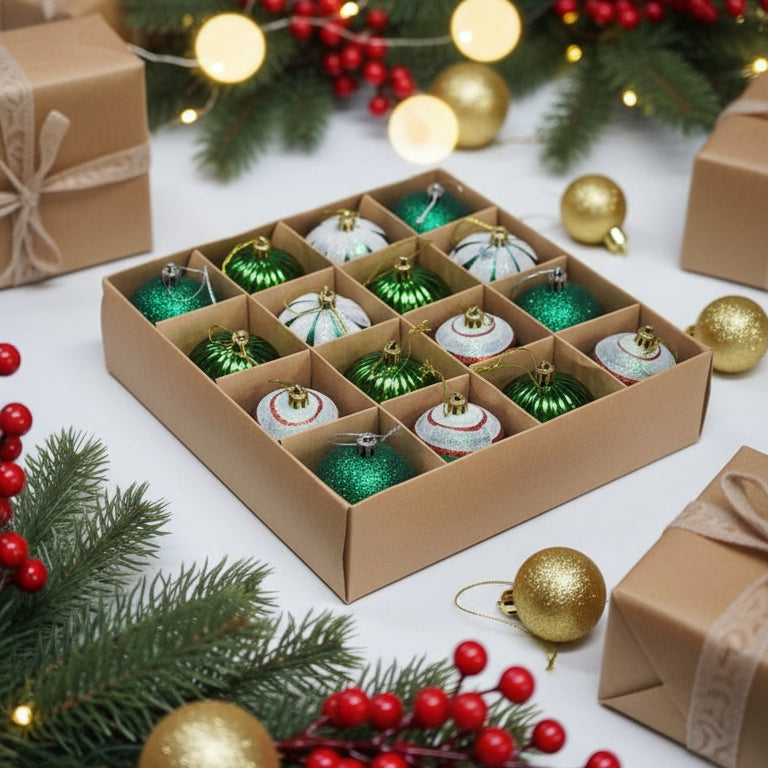 Christmas Tree Decoration Bauble Set – Green & Silver Collection (Pack of 16)